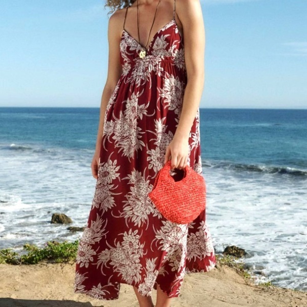 J.CREW Small Burgundy White Pineapple Floral Maxi Dress Empire Waist Pockets